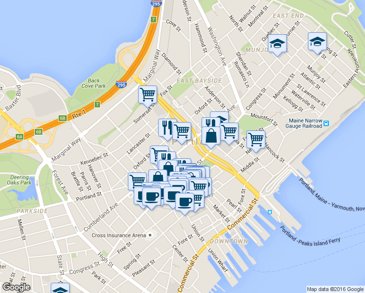 map of restaurants, bars, coffee shops, grocery stores, and more near 223 Cumberland Avenue in Portland