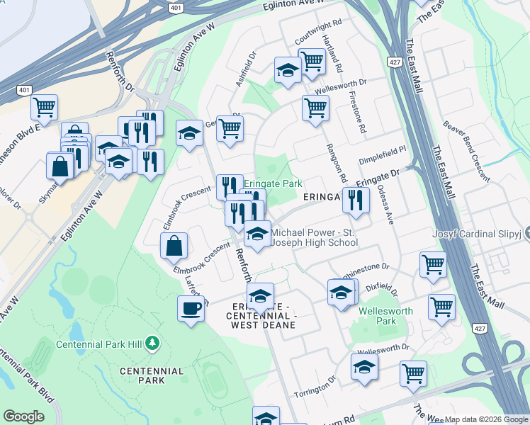 map of restaurants, bars, coffee shops, grocery stores, and more near 142 Wellesworth Drive in Toronto