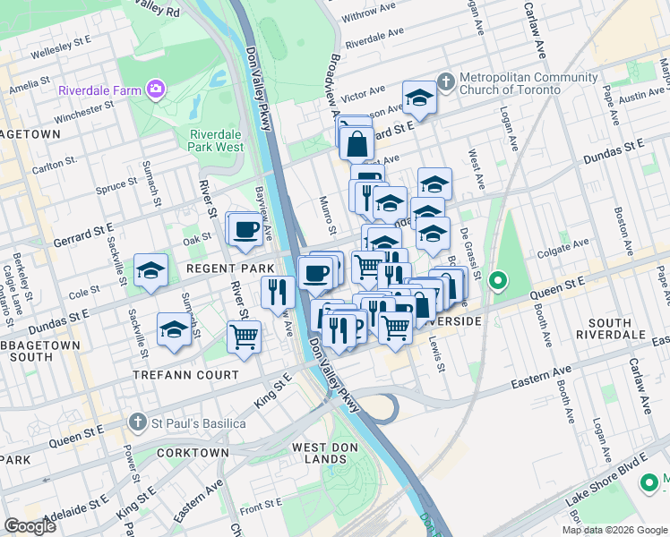 map of restaurants, bars, coffee shops, grocery stores, and more near 8 Florence Wyle Lane in Toronto