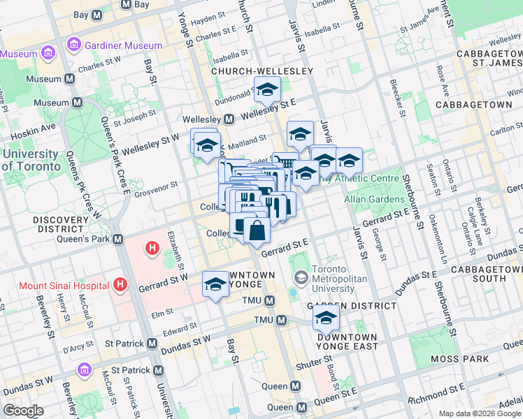 map of restaurants, bars, coffee shops, grocery stores, and more near 21 Carlton Street in Toronto