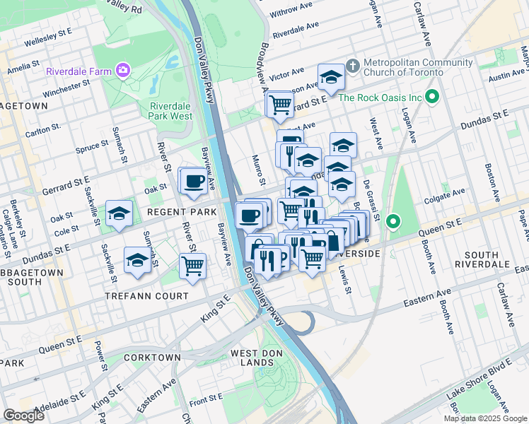 map of restaurants, bars, coffee shops, grocery stores, and more near 8 Florence Wyle Lane in Toronto