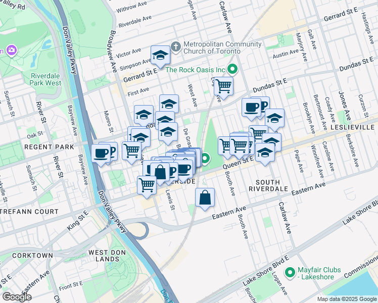 map of restaurants, bars, coffee shops, grocery stores, and more near 26 Boulton Avenue in Toronto