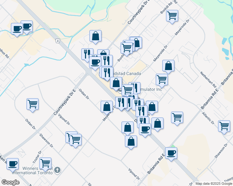 map of restaurants, bars, coffee shops, grocery stores, and more near 1535 Meyerside Drive in Mississauga