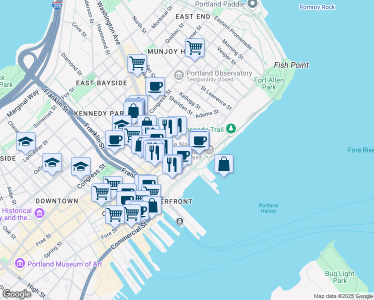 map of restaurants, bars, coffee shops, grocery stores, and more near 156 Fore Street in Portland