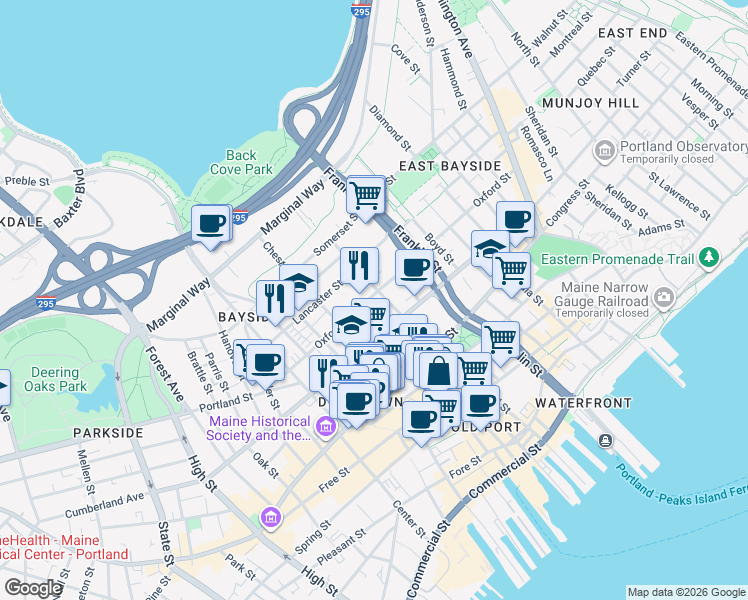 map of restaurants, bars, coffee shops, grocery stores, and more near 159 Oxford Street in Portland