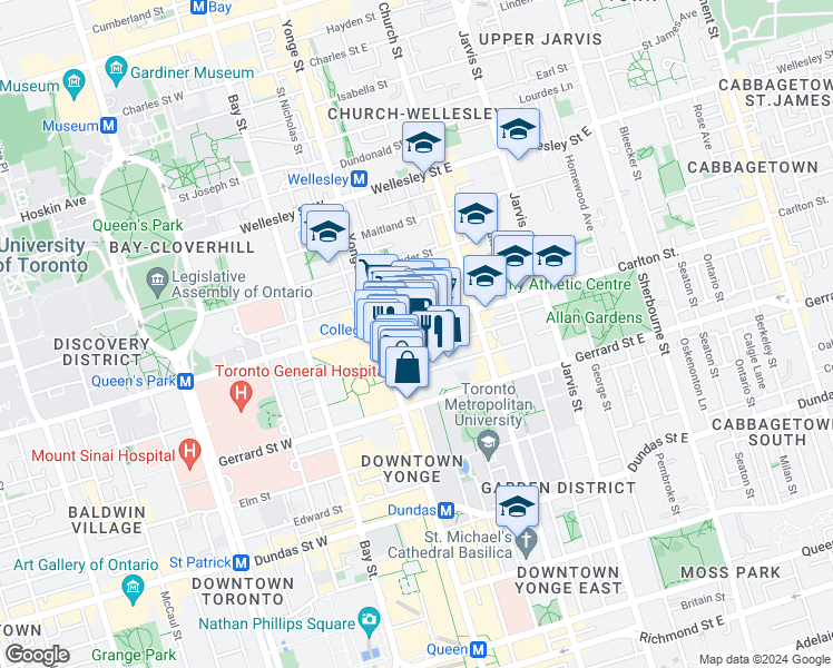 map of restaurants, bars, coffee shops, grocery stores, and more near in Toronto