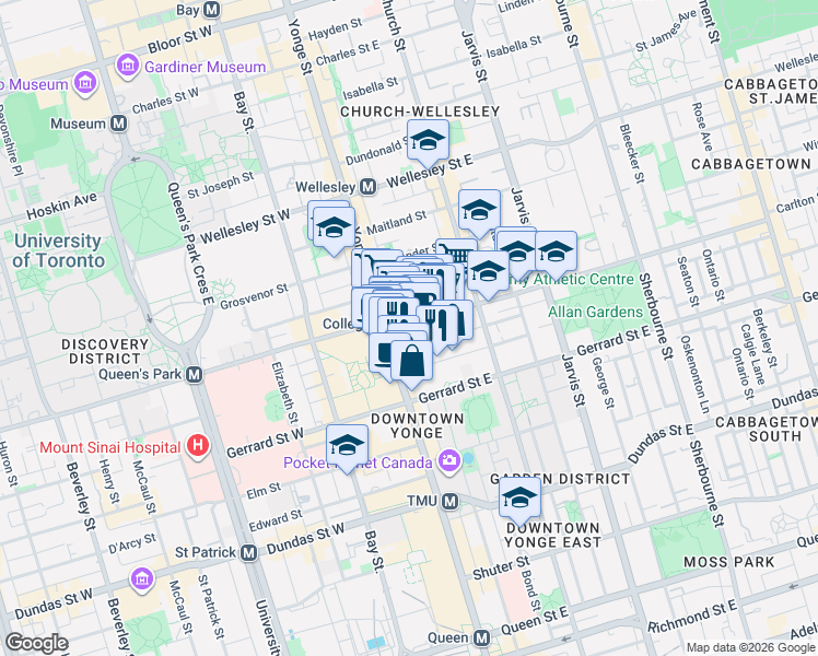 map of restaurants, bars, coffee shops, grocery stores, and more near 21 Carlton Street in Toronto