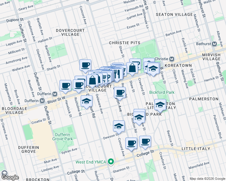 map of restaurants, bars, coffee shops, grocery stores, and more near 649 Ossington Avenue in Toronto