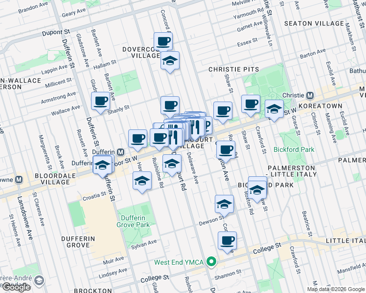 map of restaurants, bars, coffee shops, grocery stores, and more near 971 Bloor Street West in Toronto