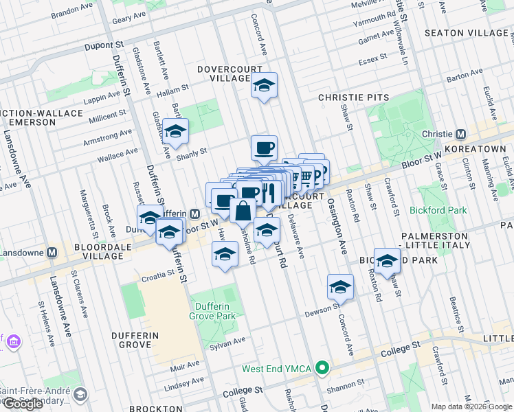 map of restaurants, bars, coffee shops, grocery stores, and more near 998A Bloor Street West in Toronto