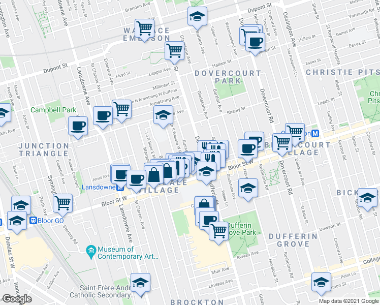 map of restaurants, bars, coffee shops, grocery stores, and more near 9 Russett Avenue in Toronto