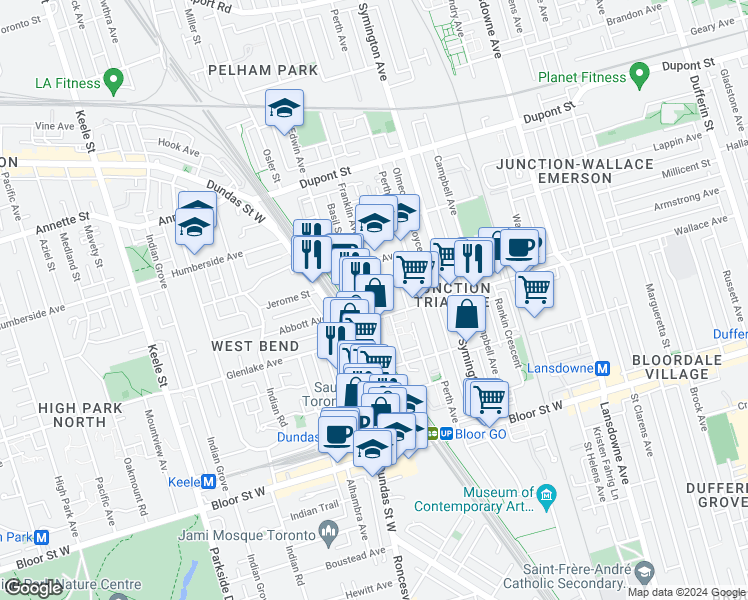 map of restaurants, bars, coffee shops, grocery stores, and more near 30 Elsie Lane in Toronto