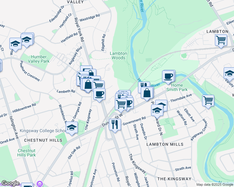 map of restaurants, bars, coffee shops, grocery stores, and more near 4242 Dundas Street West in Toronto