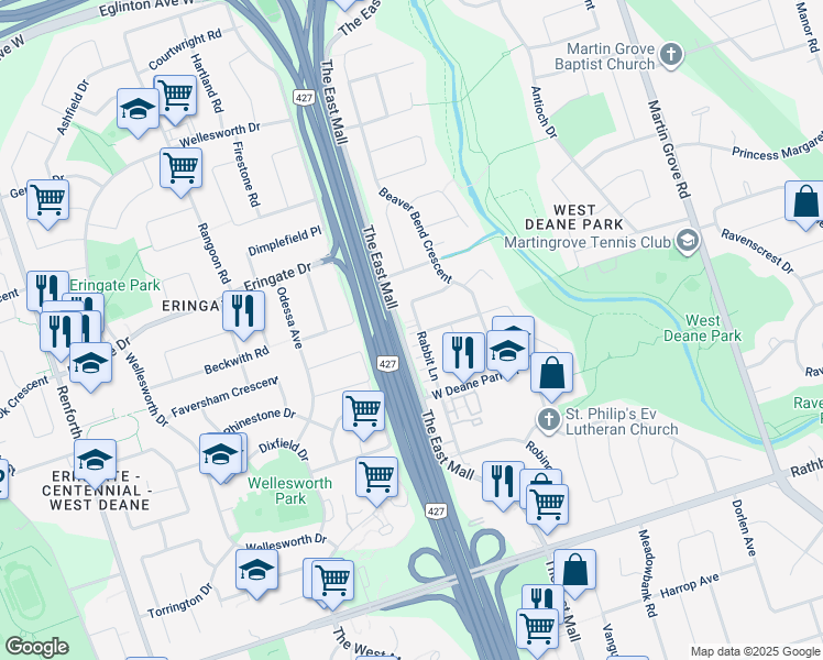 map of restaurants, bars, coffee shops, grocery stores, and more near in Toronto