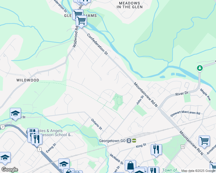 map of restaurants, bars, coffee shops, grocery stores, and more near 53 Sutcliff Lane in Halton Hills
