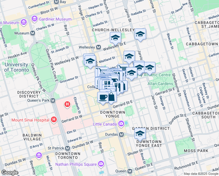 map of restaurants, bars, coffee shops, grocery stores, and more near 21 Carlton Street in Toronto