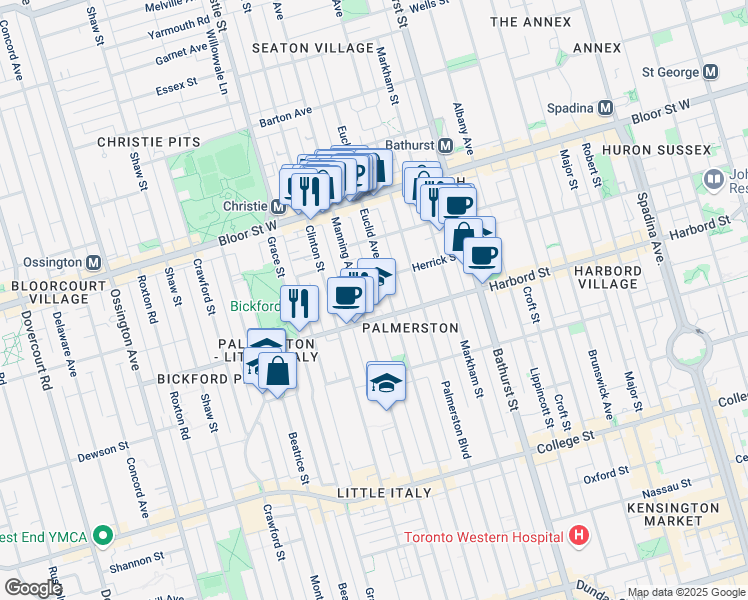 map of restaurants, bars, coffee shops, grocery stores, and more near 286 Harbord Street in Toronto