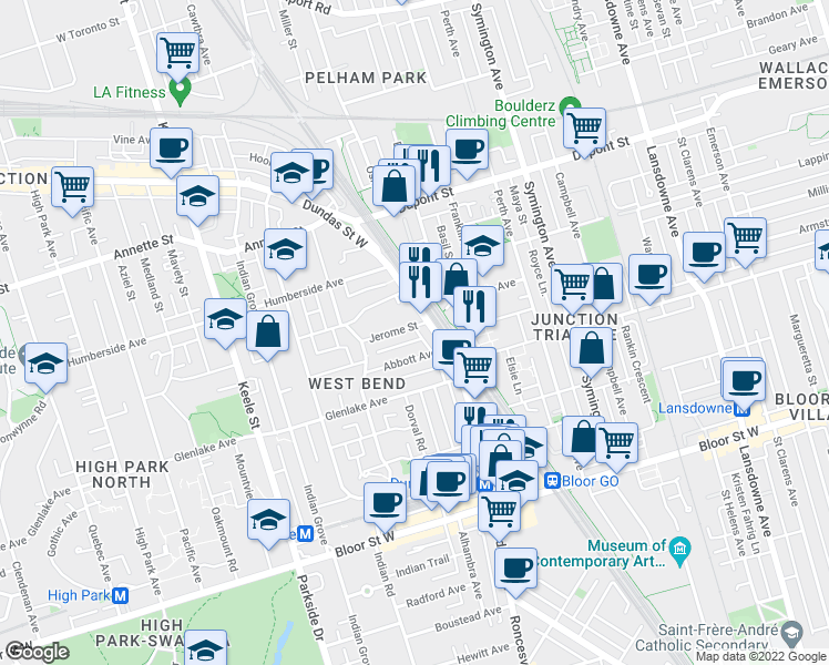 map of restaurants, bars, coffee shops, grocery stores, and more near 5 Jerome Street in Toronto
