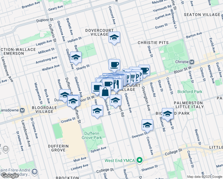 map of restaurants, bars, coffee shops, grocery stores, and more near 998A Bloor Street West in Toronto