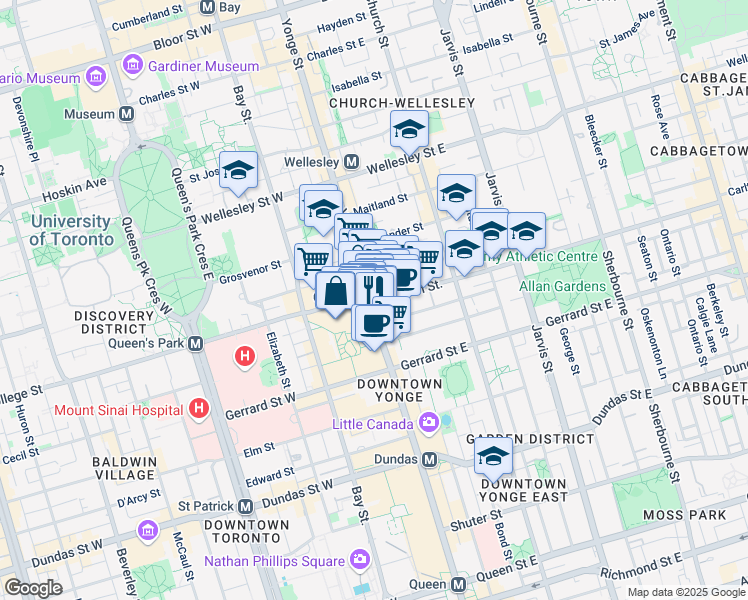 map of restaurants, bars, coffee shops, grocery stores, and more near 1 Carlton Street in Toronto