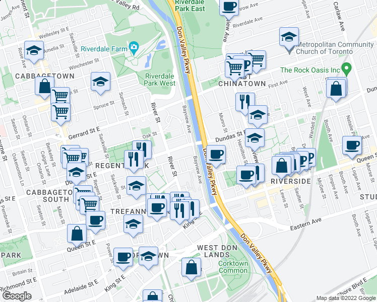 map of restaurants, bars, coffee shops, grocery stores, and more near 761 Dundas Street East in Toronto