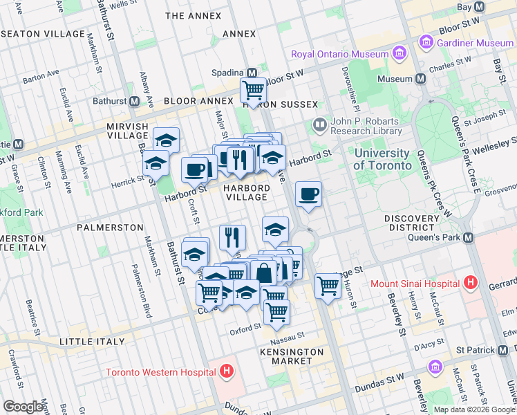 map of restaurants, bars, coffee shops, grocery stores, and more near 138 Robert Street in Toronto