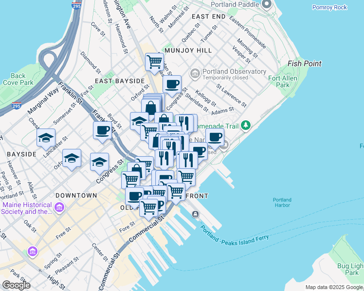 map of restaurants, bars, coffee shops, grocery stores, and more near 15 Middle Street in Portland
