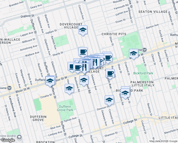 map of restaurants, bars, coffee shops, grocery stores, and more near 959 Bloor Street West in Toronto
