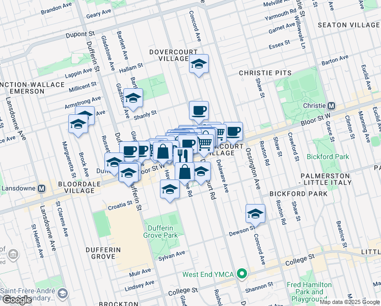map of restaurants, bars, coffee shops, grocery stores, and more near in Toronto