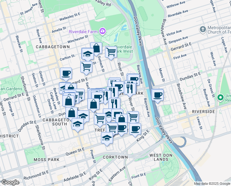 map of restaurants, bars, coffee shops, grocery stores, and more near 152 Tubman Avenue in Toronto