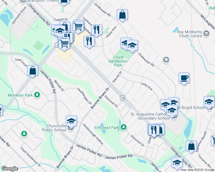 map of restaurants, bars, coffee shops, grocery stores, and more near 10 Proud Court in Brampton