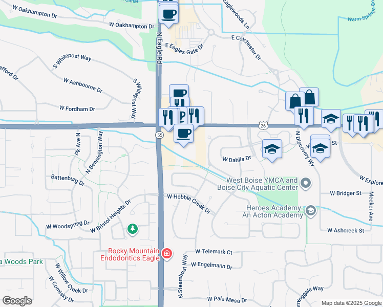 map of restaurants, bars, coffee shops, grocery stores, and more near 6280 North Eagle Road in Boise
