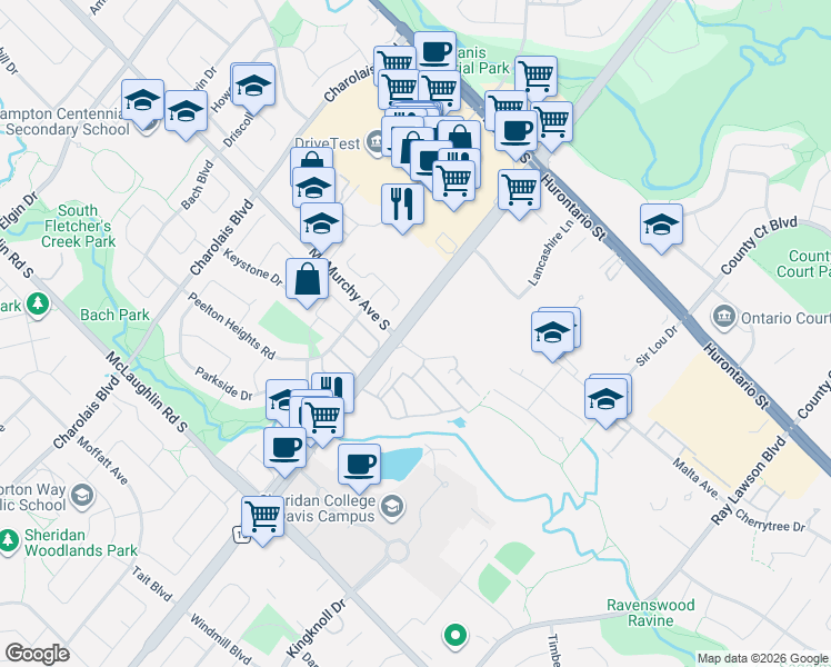 map of restaurants, bars, coffee shops, grocery stores, and more near 209 Steeles Avenue West in Brampton