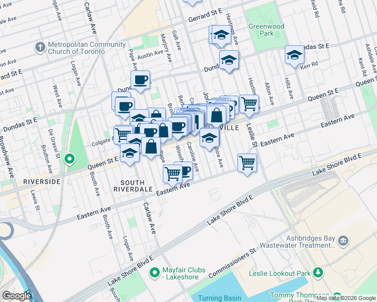 map of restaurants, bars, coffee shops, grocery stores, and more near 92 Caroline Avenue in Toronto
