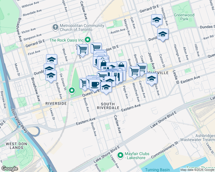 map of restaurants, bars, coffee shops, grocery stores, and more near 22 Boston Avenue in Toronto