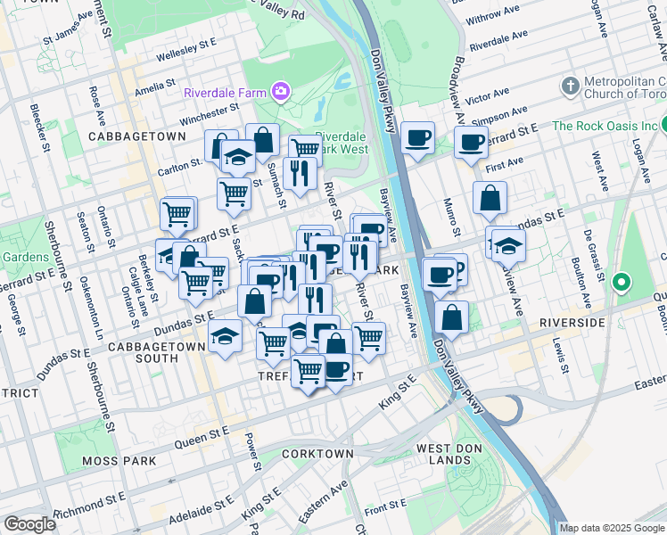 map of restaurants, bars, coffee shops, grocery stores, and more near 35 Tubman Avenue in Toronto