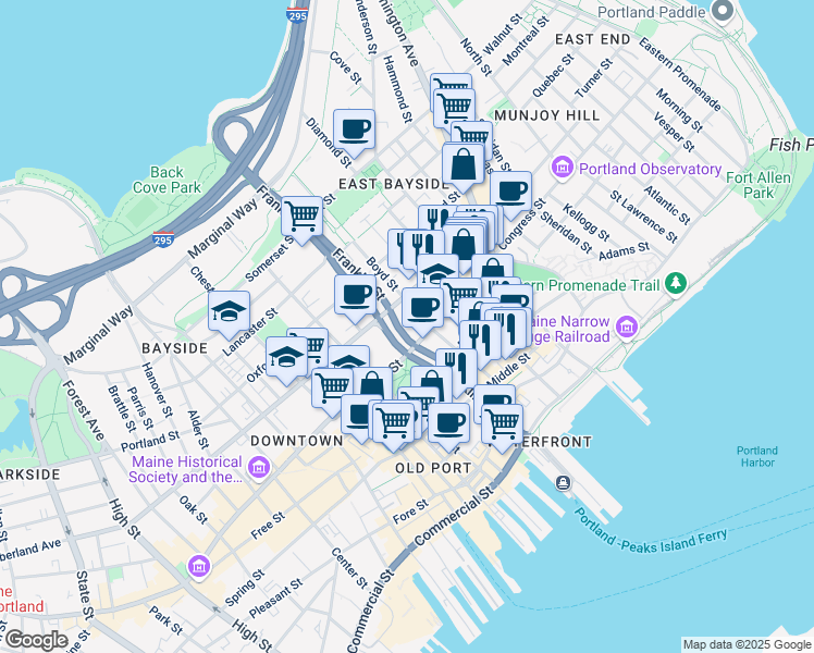 map of restaurants, bars, coffee shops, grocery stores, and more near 14 Locust Street in Portland