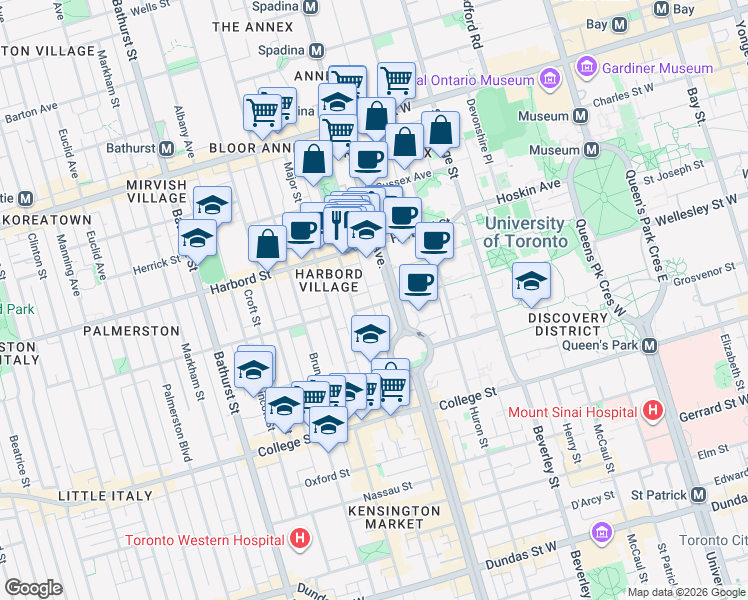 map of restaurants, bars, coffee shops, grocery stores, and more near 80 Willcocks Street in Toronto