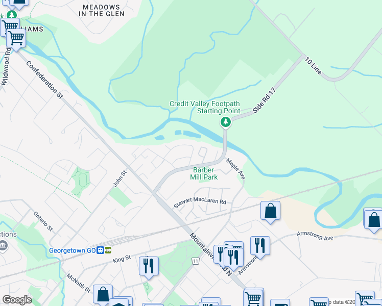 map of restaurants, bars, coffee shops, grocery stores, and more near 82 Lynden Circle in Halton Hills