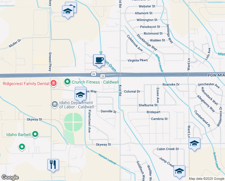 map of restaurants, bars, coffee shops, grocery stores, and more near 5022 U.S. 20 in Caldwell