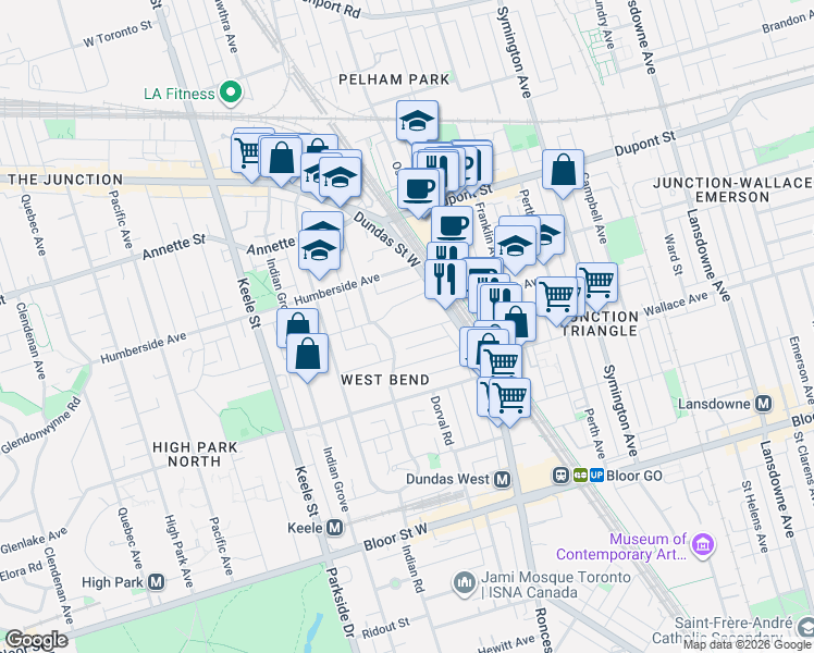 map of restaurants, bars, coffee shops, grocery stores, and more near 50 Jerome Street in Toronto