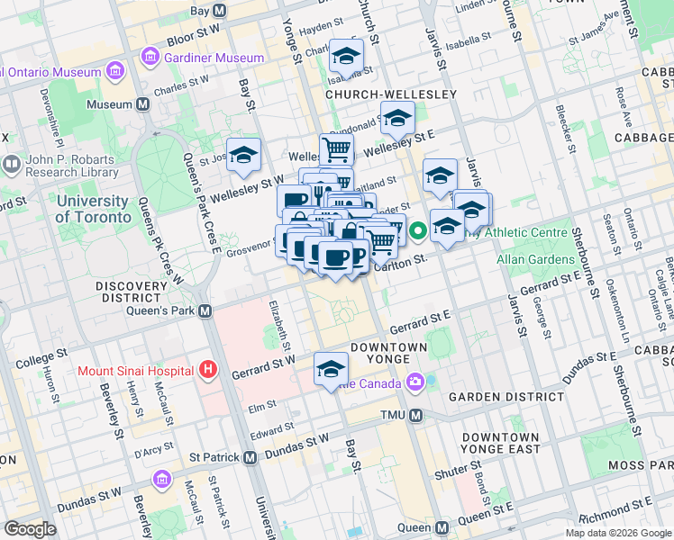 map of restaurants, bars, coffee shops, grocery stores, and more near 22 College Street in Toronto