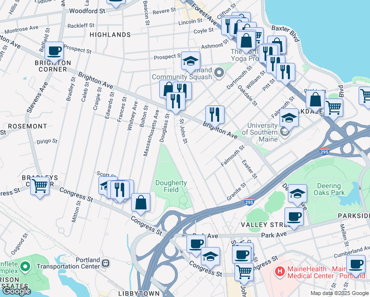 map of restaurants, bars, coffee shops, grocery stores, and more near 30 Catherine Street in Portland