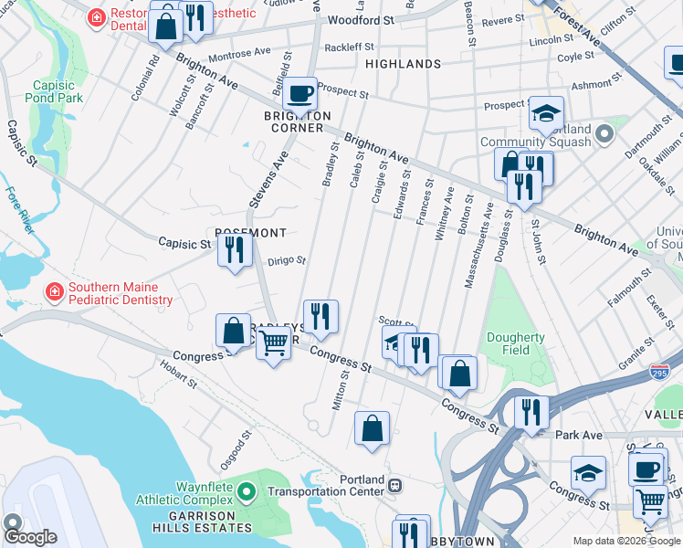 map of restaurants, bars, coffee shops, grocery stores, and more near 96 Caleb Street in Portland