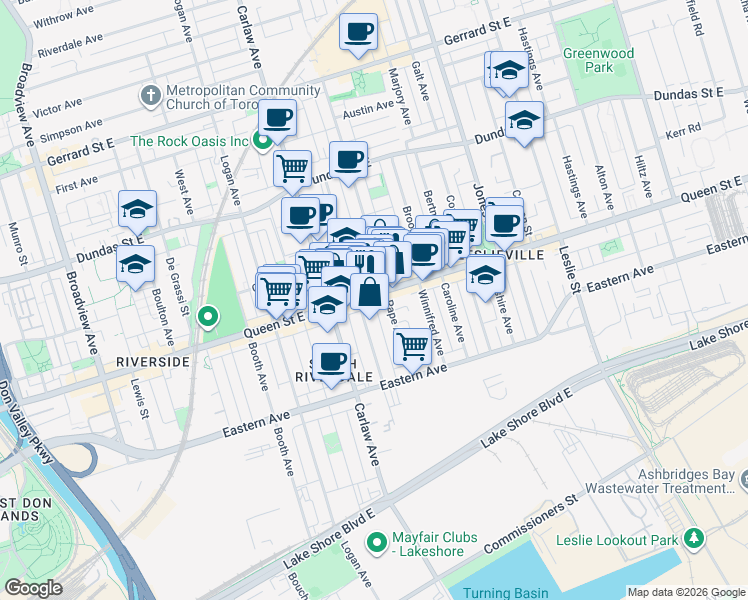 map of restaurants, bars, coffee shops, grocery stores, and more near in Toronto