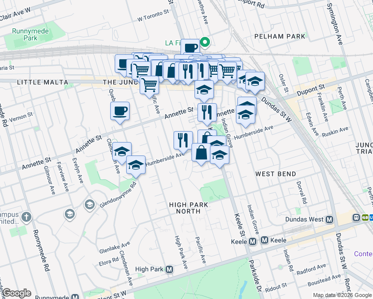 map of restaurants, bars, coffee shops, grocery stores, and more near in Toronto