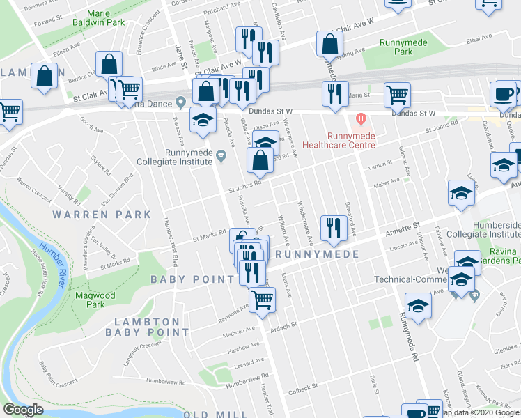 map of restaurants, bars, coffee shops, grocery stores, and more near in Toronto