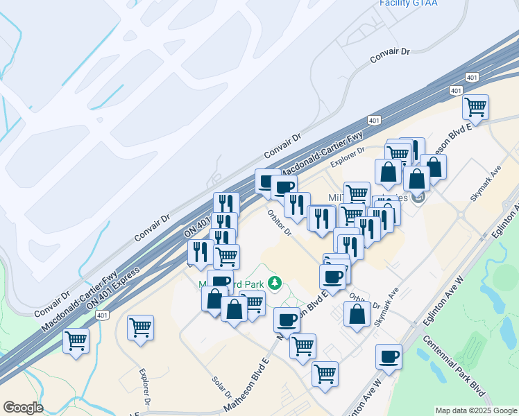 map of restaurants, bars, coffee shops, grocery stores, and more near 5500 Explorer Drive in Mississauga