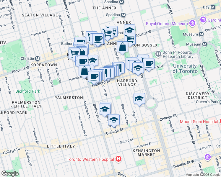 map of restaurants, bars, coffee shops, grocery stores, and more near 127 Borden Street in Toronto