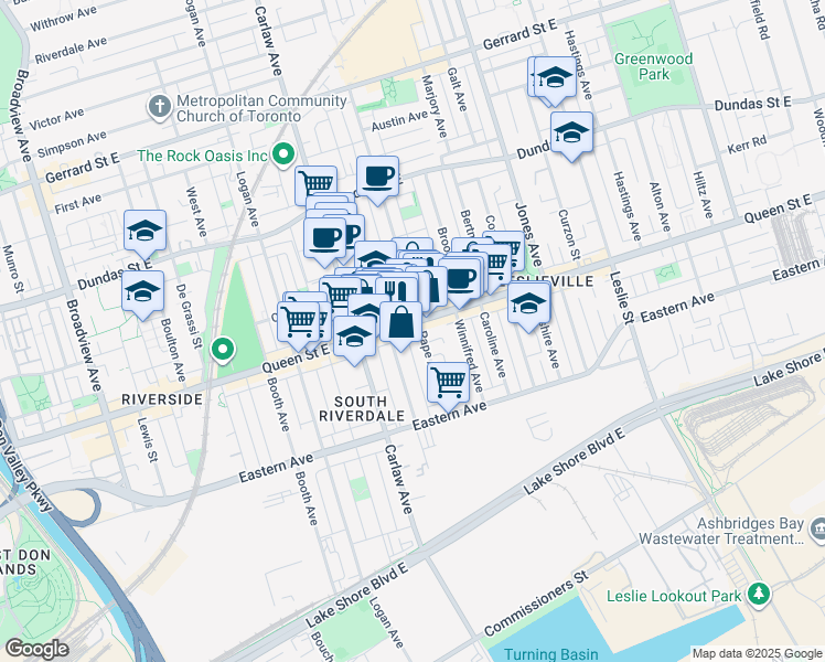 map of restaurants, bars, coffee shops, grocery stores, and more near in Toronto